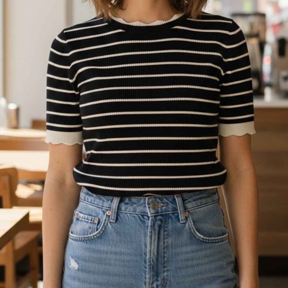 G Greige Black & Cream Striped Short Sleeve Ribbed Knit Sweater Top